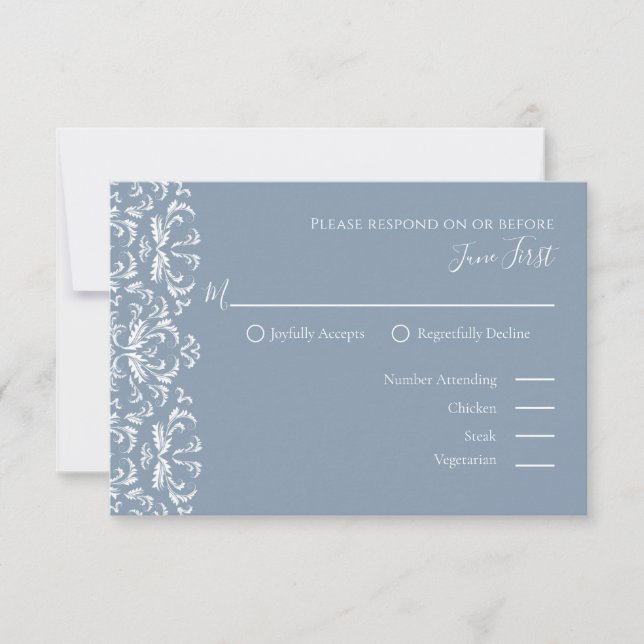 Elegant Modern Simple Dusty Blue Filigree RSVP Card (Front)