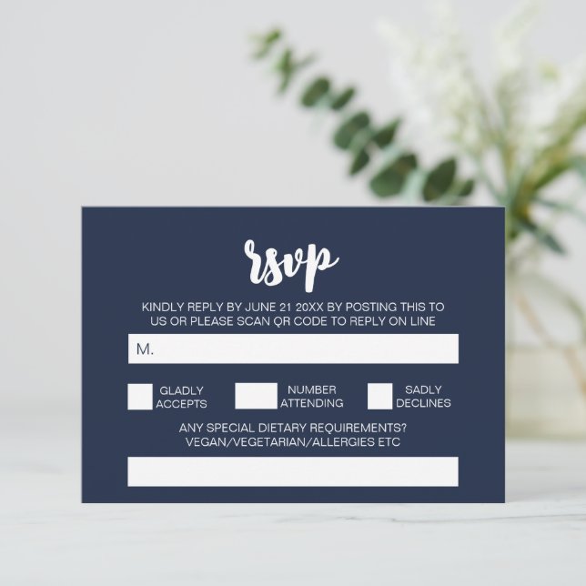 Elegant Modern Simple Navy Wedding QR Code RSVP  Enclosure Card (Standing Front)
