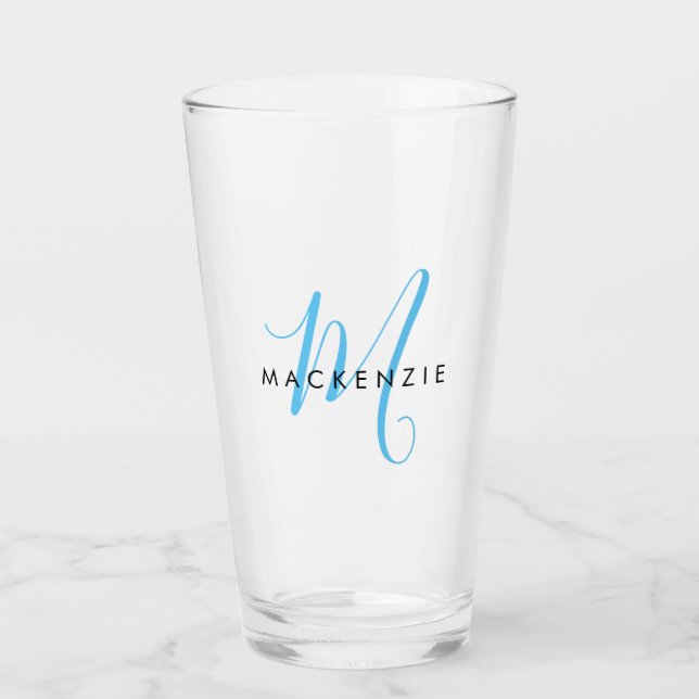 Elegant Modern Sky Blue Script Monogram Glass (Front)