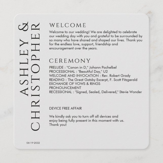 Elegant Modern Smoke Black Wedding Programme (Front)