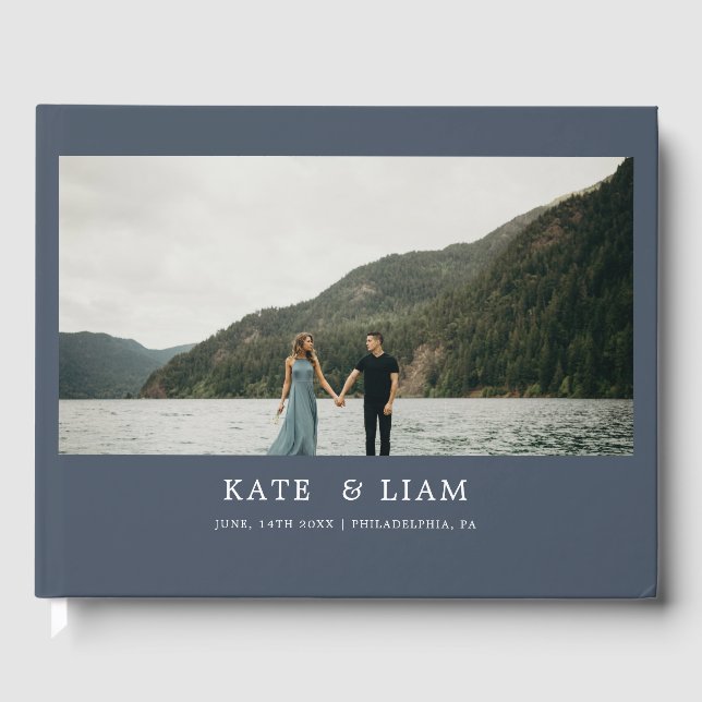 Elegant Modern Smoky Blue Navy Wedding Guest Book (Front)