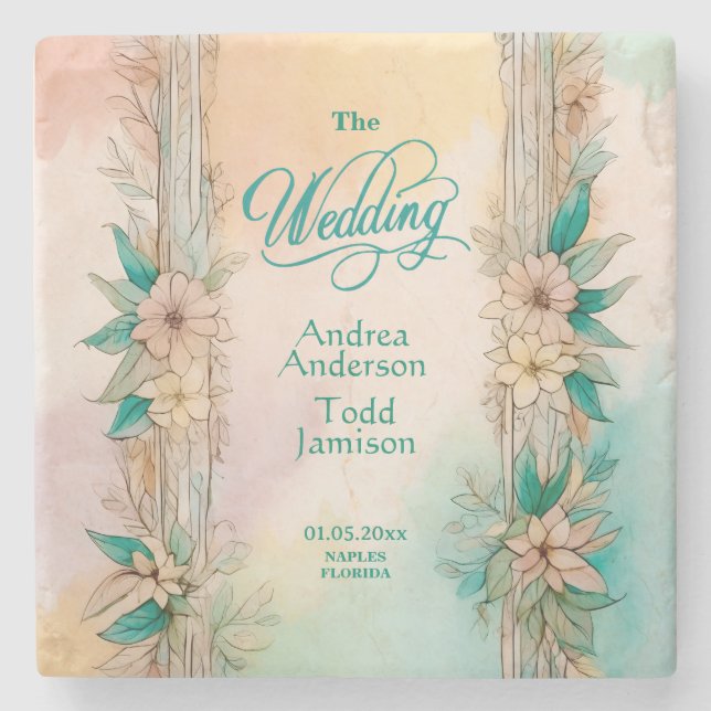 Elegant modern soft floral watercolor wedding stone coaster (Front)
