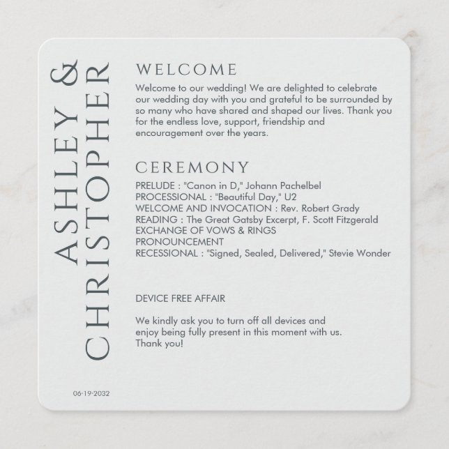 Elegant Modern Space Grey Wedding Programme (Front)