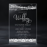Elegant Modern String Lights Lace Wedding Acrylic Invitations<br><div class="desc">The Elegant Modern String Lights Lace Wedding Acrylic Invitations bring a charming, rustic yet sophisticated feel to any wedding celebration. With delicate string lights draped across the top and a lace-inspired border, these acrylic invitations merge timeless elegance with a touch of whimsy. The clear acrylic material creates a clean, modern...</div>