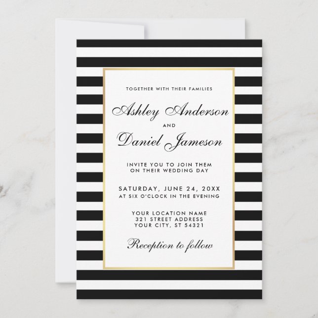Elegant Modern Striped Black White Wedding Invite (Front)