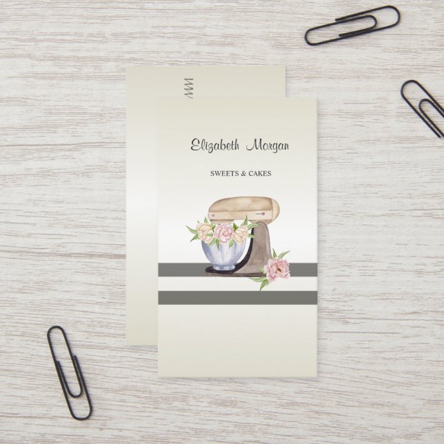 Elegant Modern,Striped,Pastry Floral Retro Mixer Business Card (Front/Back In Situ)