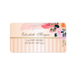 Elegant Modern Striped Watercolor Flowers Feather Label
