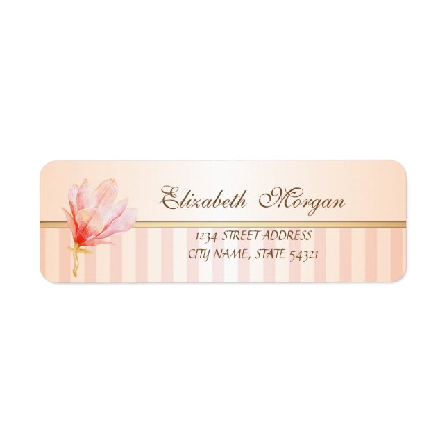 Elegant Modern Striped Watercolor Magnolia Address (Front)