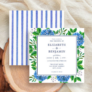 Elegant Modern Stripes Blue Hydrangeas Wedding Invitation