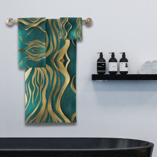 Elegant Modern Stripes Gold Turquoise Teal Blue Bath Towel Set