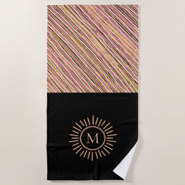 Elegant Modern Stripes Monogram Pink Gold  Beach Towel (Front)