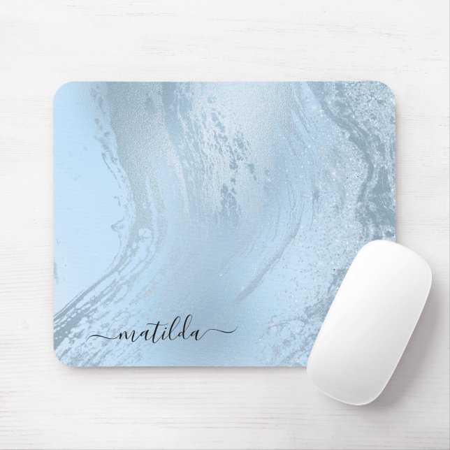 Elegant modern stylish baby blue marble glitter mouse mat (With Mouse)