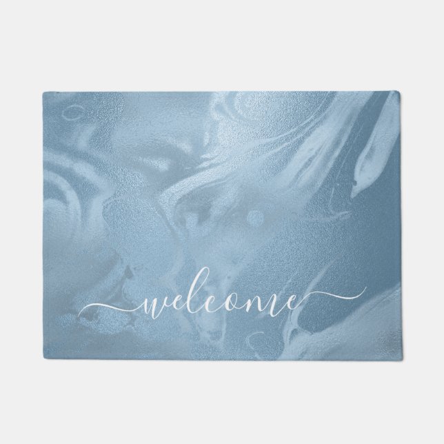 Elegant modern stylish baby blue marble look doormat (Front)