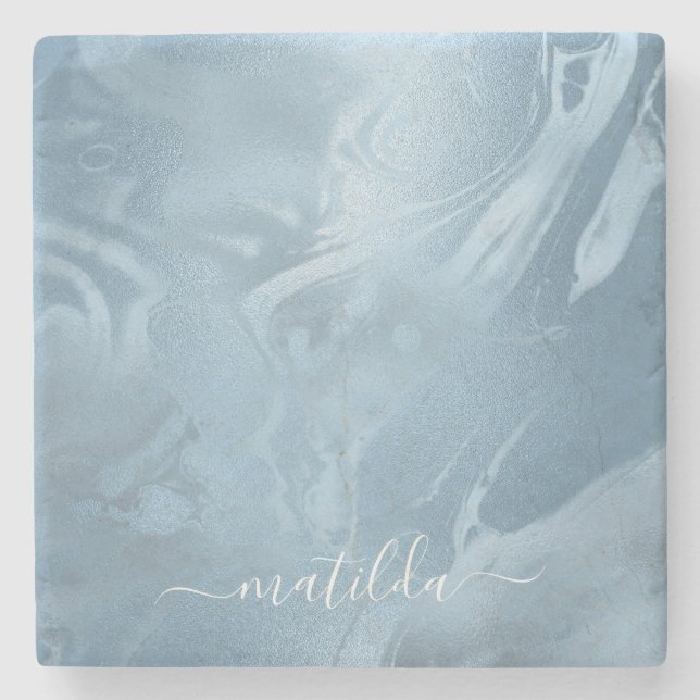 Elegant modern stylish baby blue marble look stone coaster (Front)