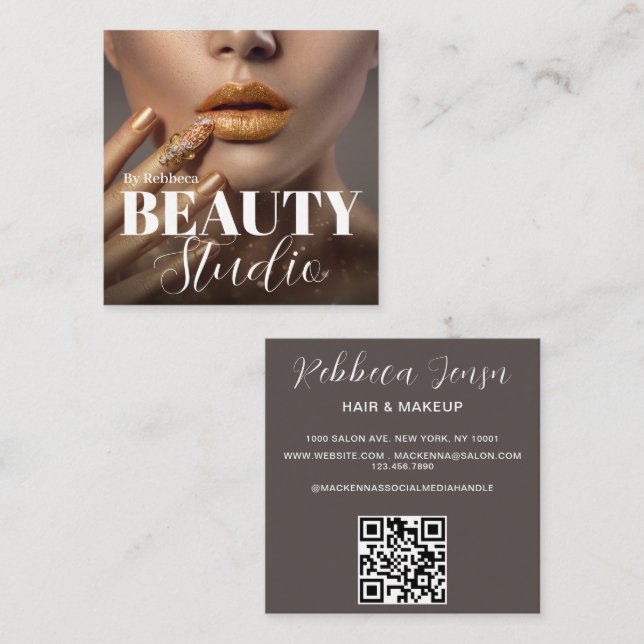 Elegant Modern Stylish Beauty Salon Photo  Square Business Card (Front/Back)