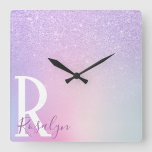 Elegant modern stylish girly ombre purple glitter square wall clock