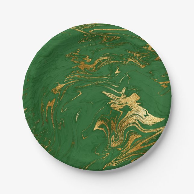 Elegant modern stylish gold & green marble look paper plate (Front)