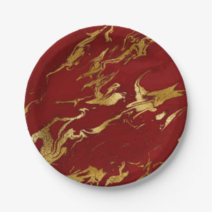 Elegant modern stylish gold & red marble look paper plate