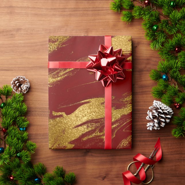 Elegant modern stylish gold & red marble look wrapping paper (Holiday Gift)