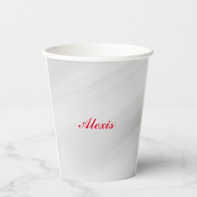 Elegant Modern Stylish Grey Red Name Paper Cups (Front)