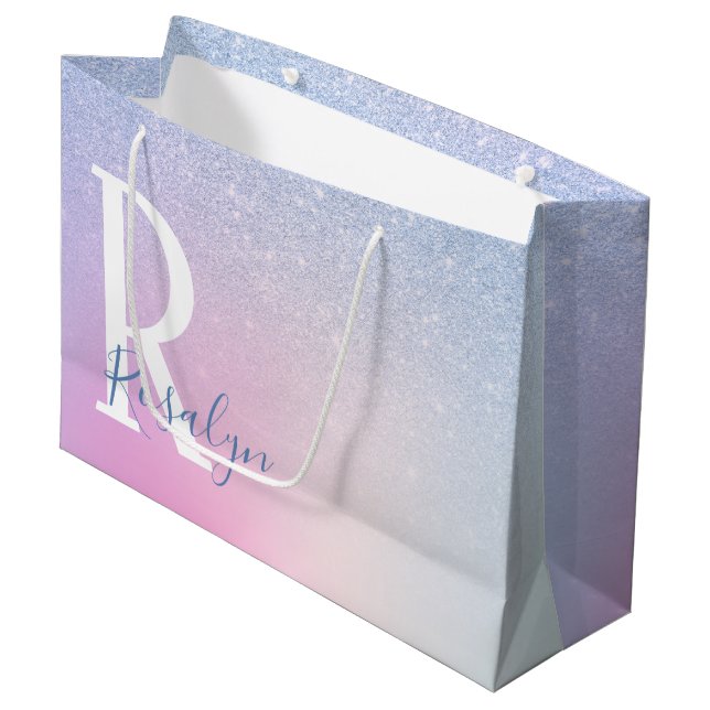 Elegant modern stylish ombre blue glitter rainbow large gift bag (Front Angled)