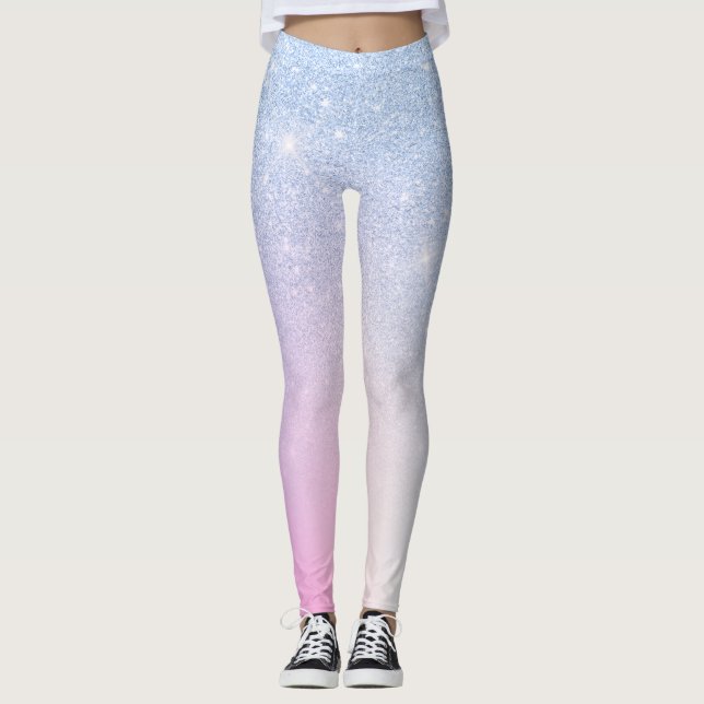 Elegant modern stylish ombre blue glitter rainbow leggings (Front)