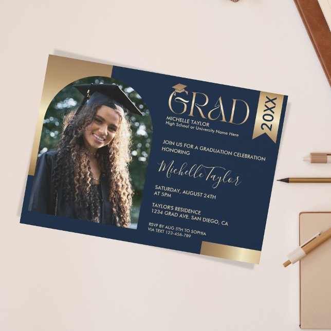 Elegant Modern Stylish Photo Gold Navy Graduation Invitation (Creator Uploaded)