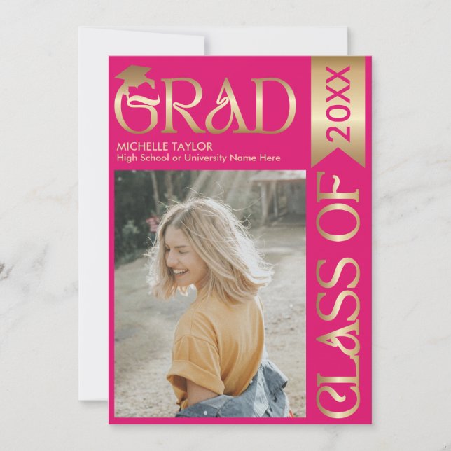 Elegant Modern Stylish Photo Gold Pink Graduate Invitation (Front)
