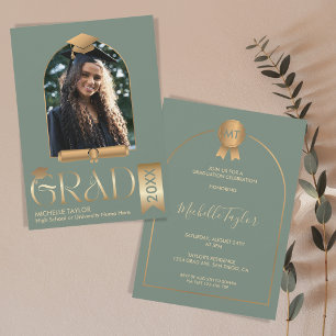 Elegant Modern Stylish Photo sage Green Graduation Invitation