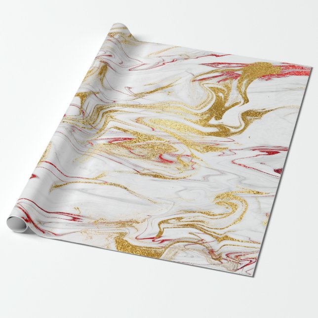 Elegant modern stylish red gold white marble look wrapping paper (Unrolled)