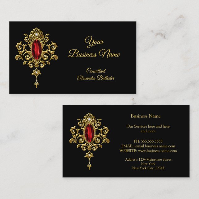 Elegant Modern Stylish Red Jewel Gold Black Business Card (Front/Back)