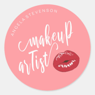 Elegant modern stylish red lips pink makeup artist classic round sticker