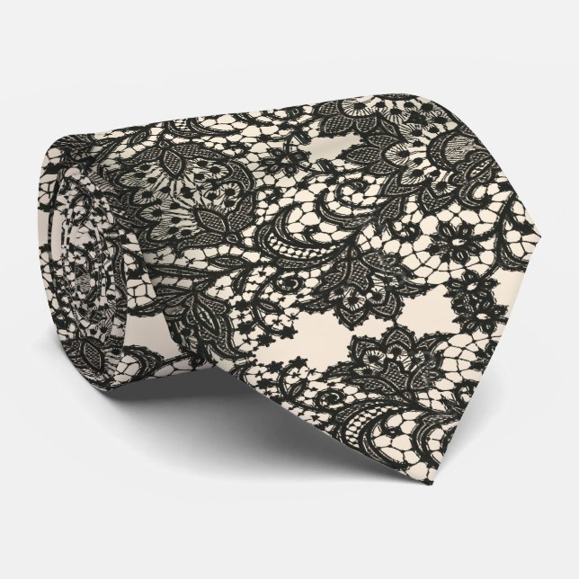 Elegant Modern Stylish Vintage Beige Black Lace Tie (Rolled)