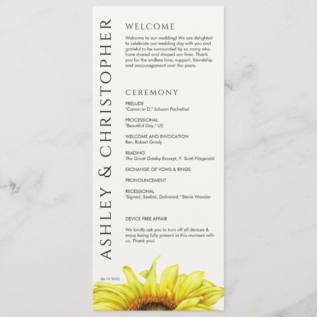 Elegant Modern Sunflower Wedding Programme (Front)