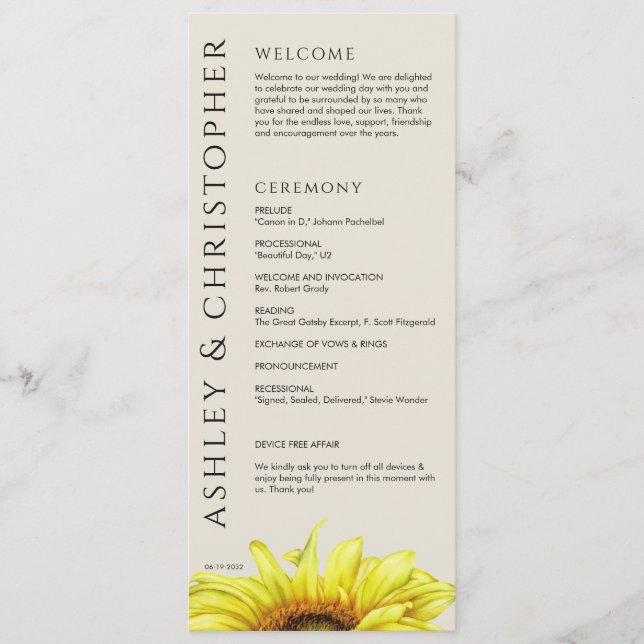 Elegant Modern Sunflower Wedding Programme (Front)