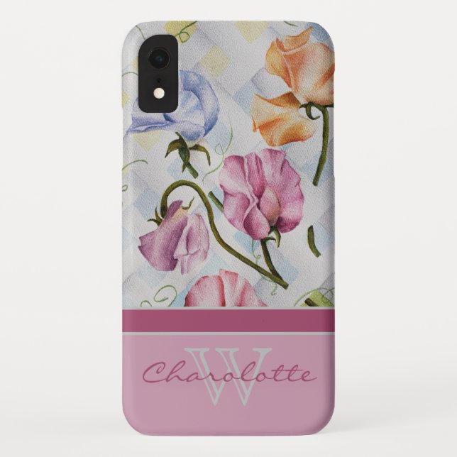 Elegant Modern Sweet Peas w Fuschia Monogram Name Case-Mate iPhone Case (Back)