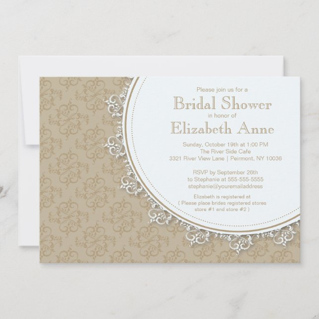 Elegant Modern Tan Brown Damask Bridal Shower Invitation (Front)