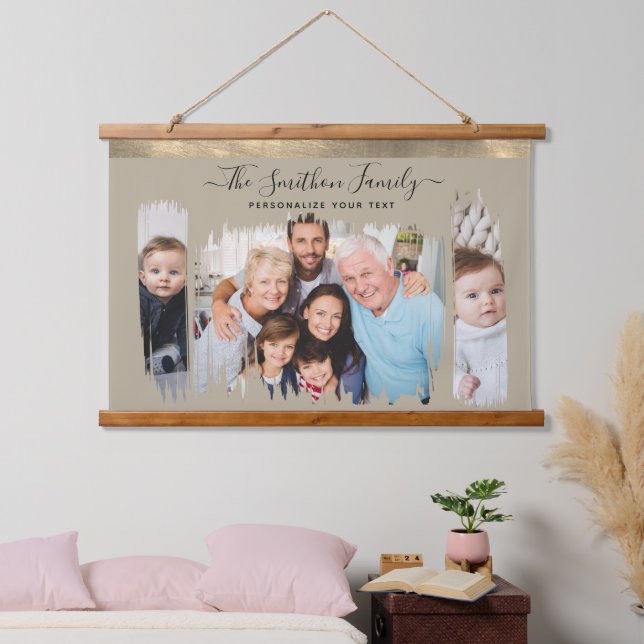  Elegant Modern Taupe & Gold Add Your Photo Family Hanging Tapestry (Bedroom)