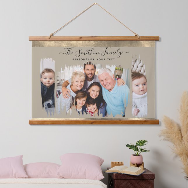  Elegant Modern Taupe & Gold Add Your Photo Family Hanging Tapestry (Bedroom)