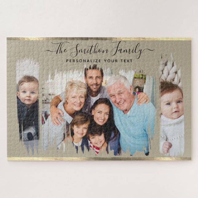  Elegant Modern Taupe & Gold Add Your Photo Family Jigsaw Puzzle (Horizontal)