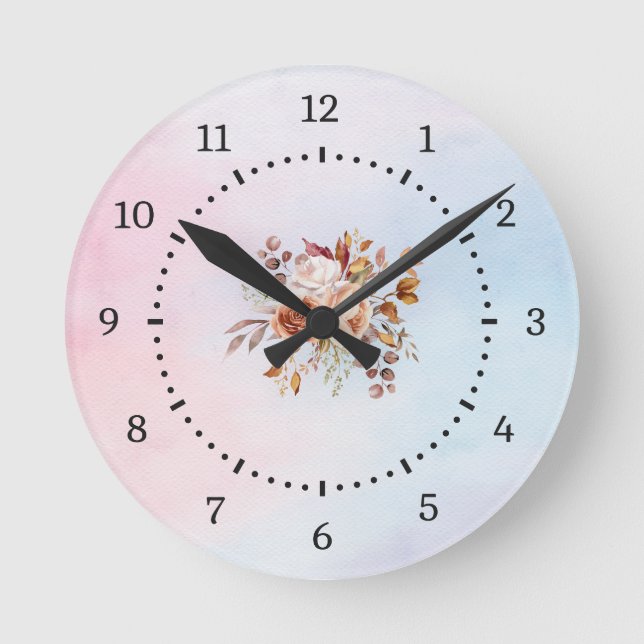 Elegant Modern Teal  Floral Round Clock (Front)