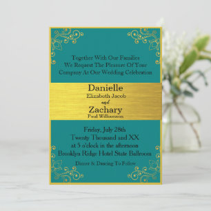 Elegant Modern Teal & Gold Horizontal Wedding  Invitation
