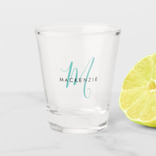 Elegant Modern Teal Script Monogram Shot Glass