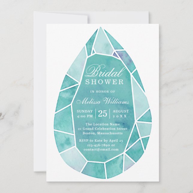 Elegant Modern Teal Watercolor Gem Bridal Shower Invitation (Front)