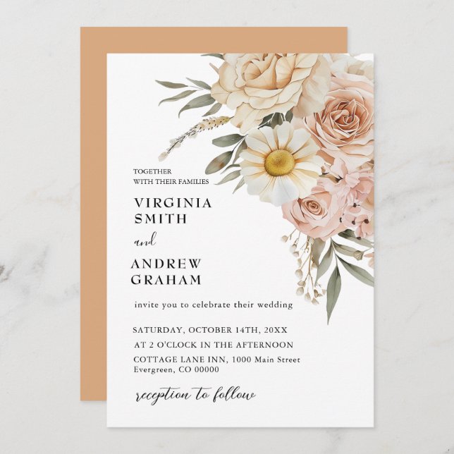 Elegant Modern Terracotta Boho Floral Wedding Invitation (Front/Back)