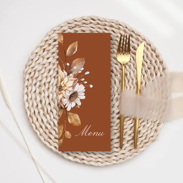 Elegant Modern Terracotta Floral Boho Fall Wedding Menu (Terracotta floral wedding menus add elegant charm to your fall reception tables.)