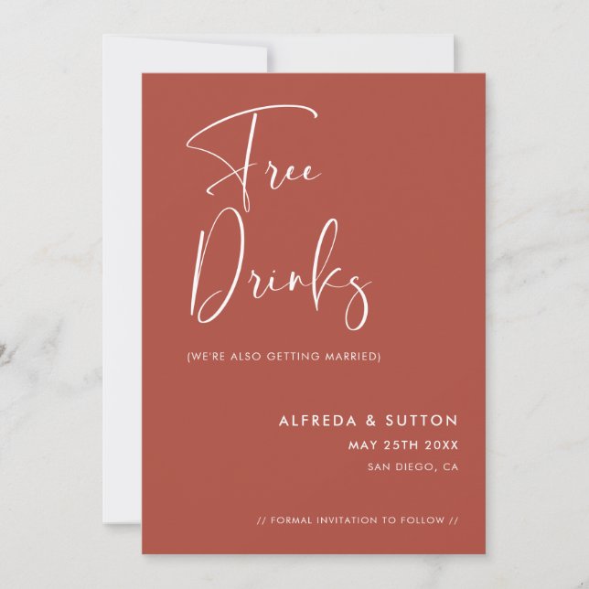 Elegant & Modern Terracotta Free drinks Save The Date (Front)