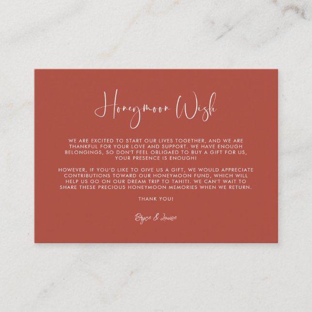 Elegant & modern terracotta  Honeymoon wish Enclosure Card (Front)