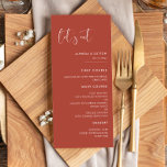Elegant & modern terracotta Let's eat wedding Menu<br><div class="desc">Let's eat! Wedding or reception party menu.  A modern typography and a trendy terracotta colour for your wedding stationery: choose this simple and elegant wedding suite. Fully customisable: you can change the background as well as the text colour as you like.</div>