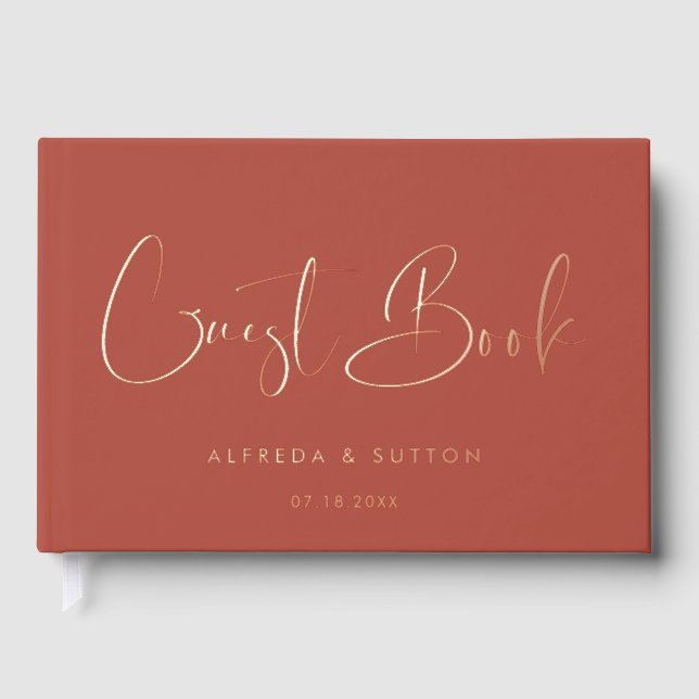 Elegant & Modern Terracotta Rose Gold foil wedding Guest Book (Front)